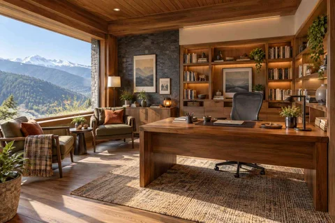 AI-generated home office concept: home library office, hill timber direction