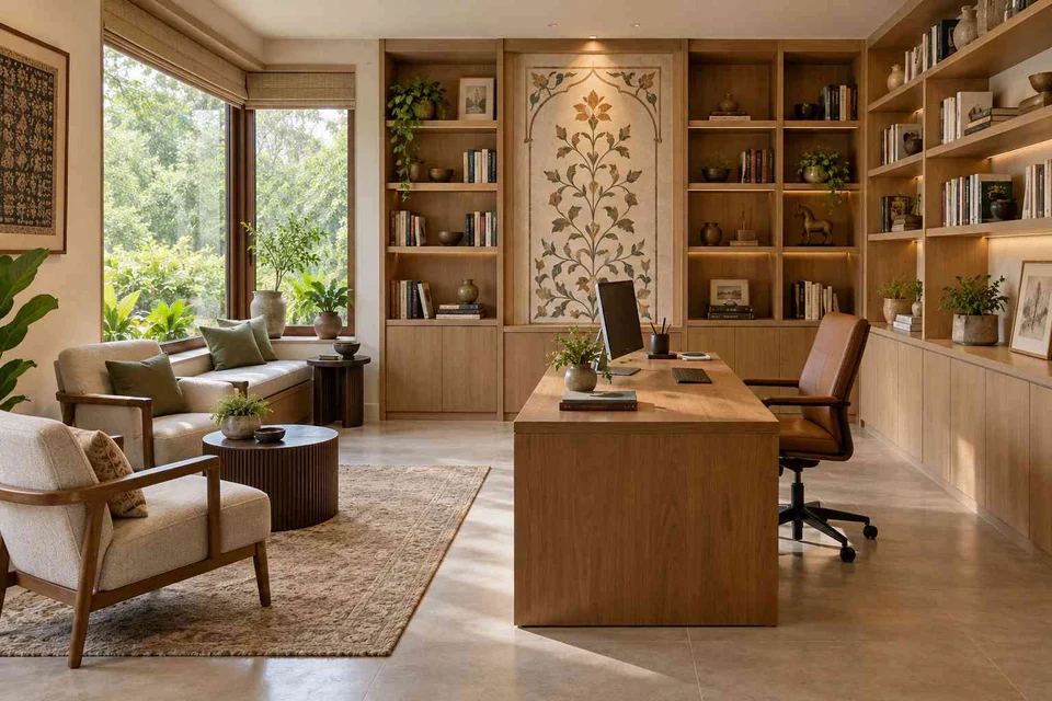 AI-generated home office concept: home library office, inlay atelier direction