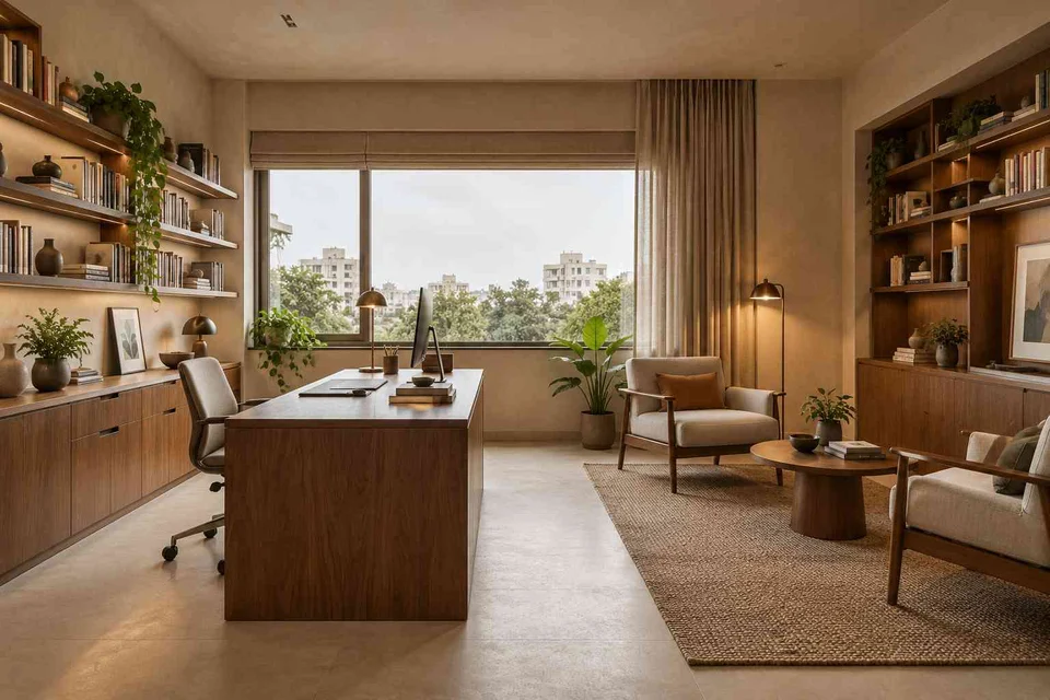 AI-generated home office concept: home library office, lime and walnut direction