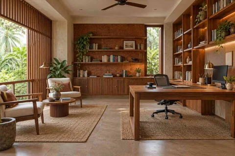 AI-generated home office concept: home library office, malabar timber direction