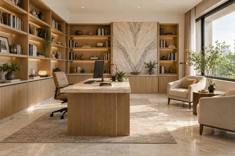 AI-generated home office concept: home library office, marble restraint direction