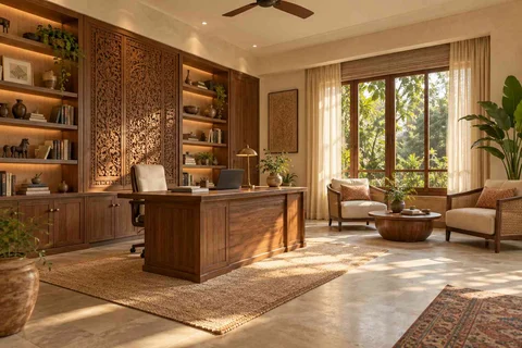 AI-generated home office concept: home library office, modern carved direction