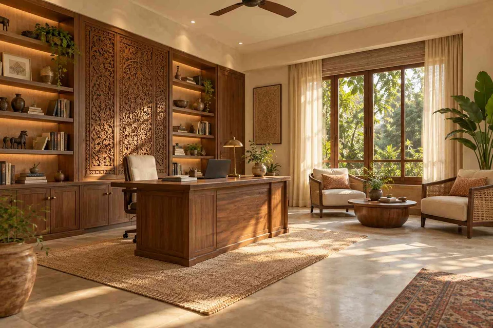 AI-generated home office concept: home library office, modern carved direction