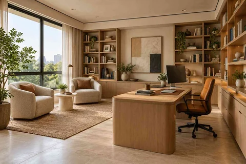 AI-generated home office concept: home library office, quiet contemporary direction