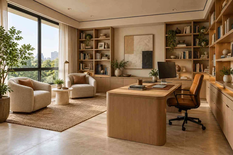 AI-generated home office concept: home library office, quiet contemporary direction