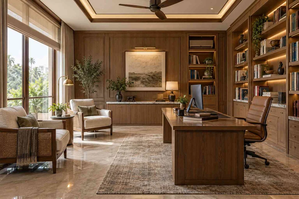 AI-generated home office concept: home library office, quiet transitional direction