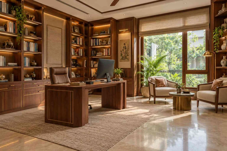AI-generated home office concept: home library office, rosewood brass direction