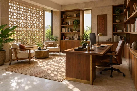 AI-generated home office concept: home library office, sandstone lattice direction