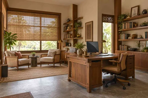 AI-generated home office concept: home library office, teak craft direction