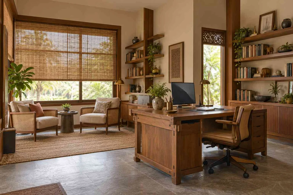 AI-generated home office concept: home library office, teak craft direction