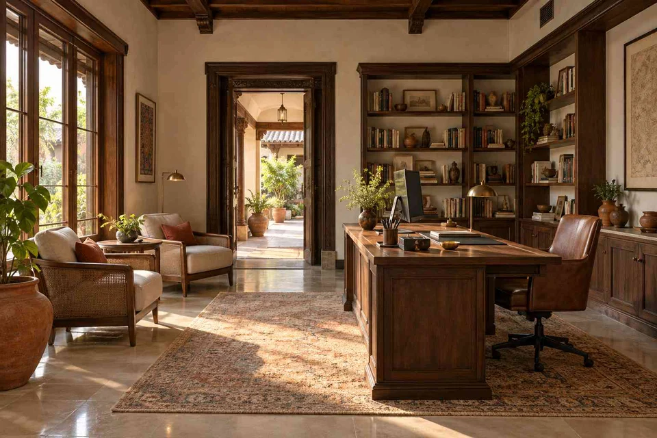AI-generated home office concept: home library office, terracotta heritage direction