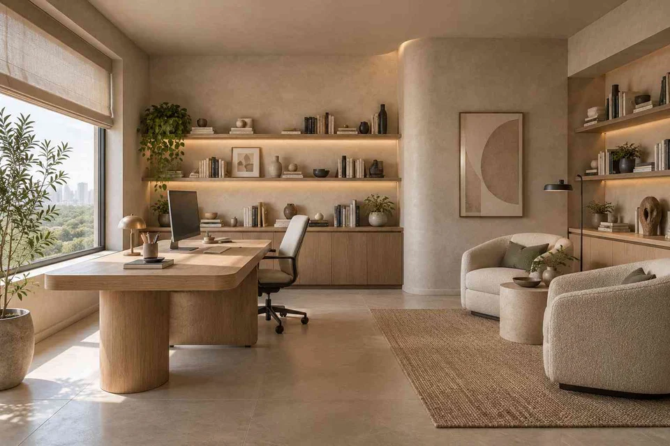 AI-generated home office concept: home library office, textured mineral direction