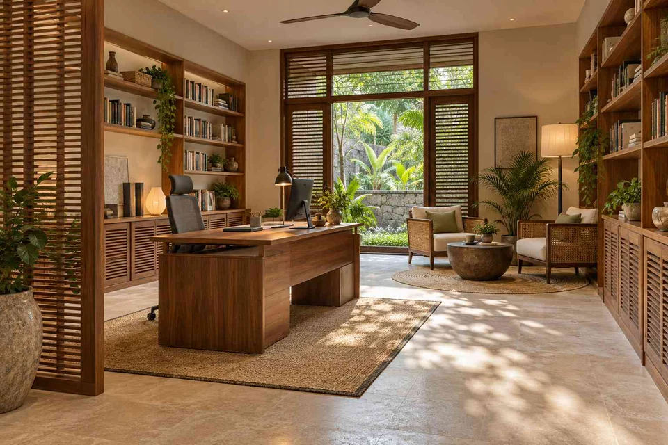 AI-generated home office concept: home library office, tropical slatted direction