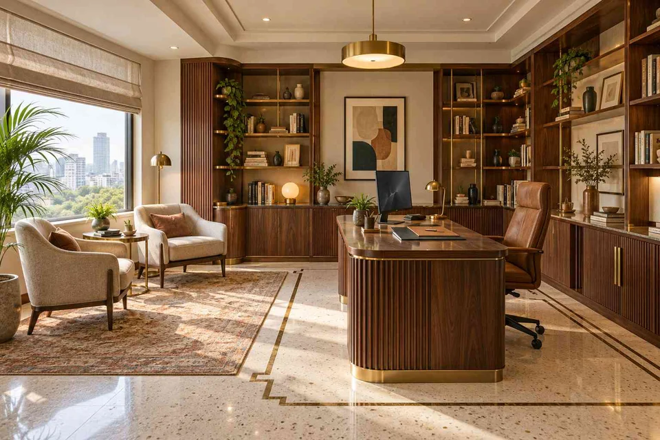 AI-generated home office concept: home library office, urban deco direction