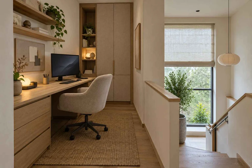 AI-generated home office concept: landing desk nook, ash and linen direction