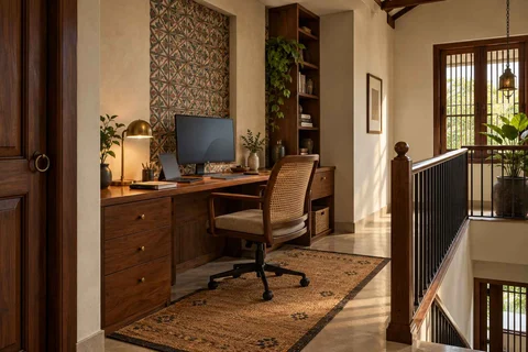 AI-generated home office concept: landing desk nook, chettinad tile direction