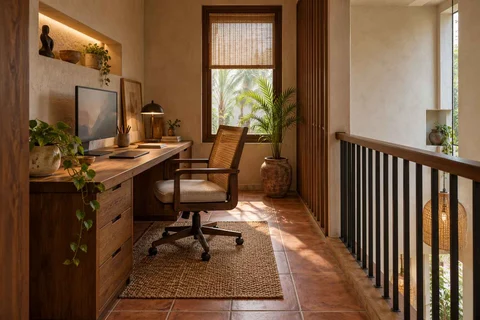 AI-generated home office concept: landing desk nook, clay artisan direction