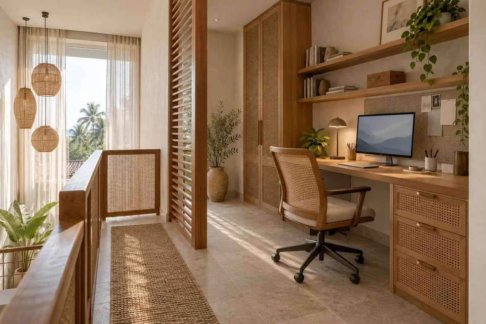 AI-generated home office concept: landing desk nook, coastal woven direction