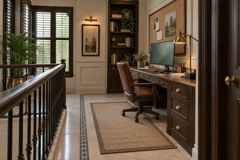 AI-generated home office concept: landing desk nook, colonial quiet direction