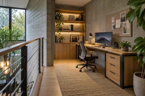 AI-generated home office concept: landing desk nook, concrete and oak direction