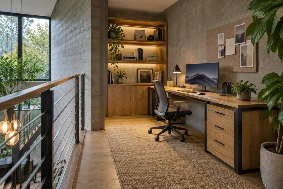 AI-generated home office concept: landing desk nook, concrete and oak direction