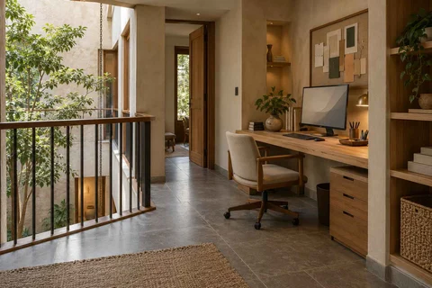 AI-generated home office concept: landing desk nook, courtyard modern direction