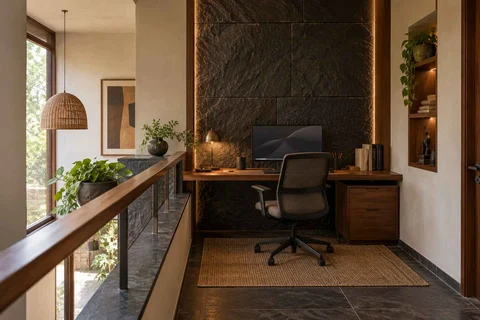 AI-generated home office concept: landing desk nook, deccan stone direction