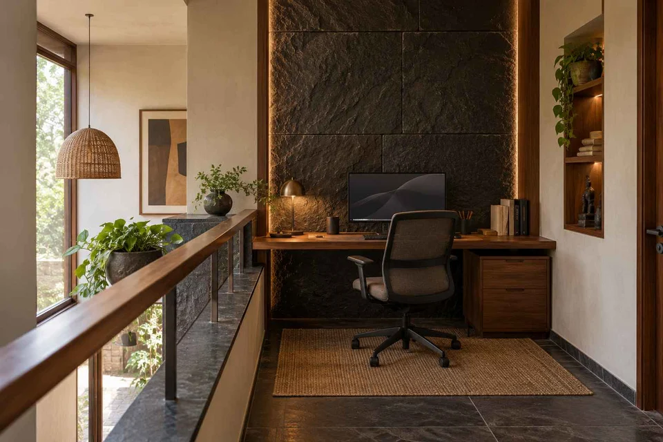 AI-generated home office concept: landing desk nook, deccan stone direction