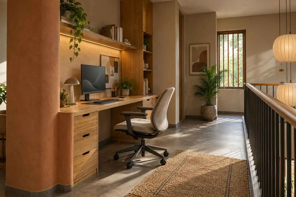 AI-generated home office concept: landing desk nook, earth and bamboo direction