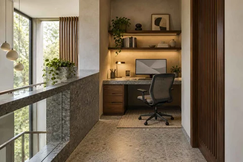 AI-generated home office concept: landing desk nook, granite precision direction