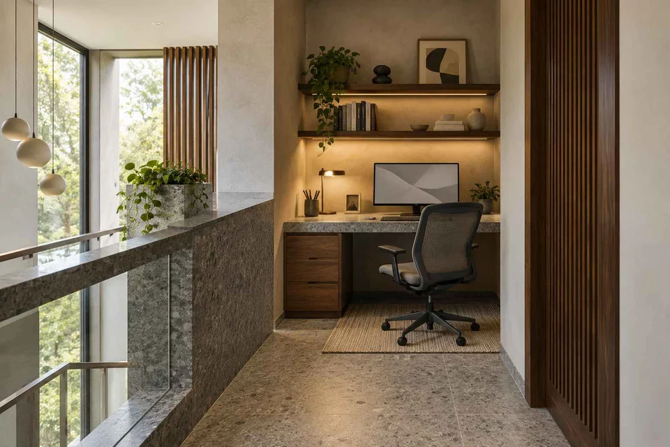 AI-generated home office concept: landing desk nook, granite precision direction