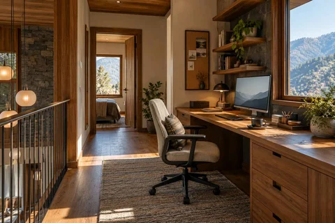 AI-generated home office concept: landing desk nook, hill timber direction