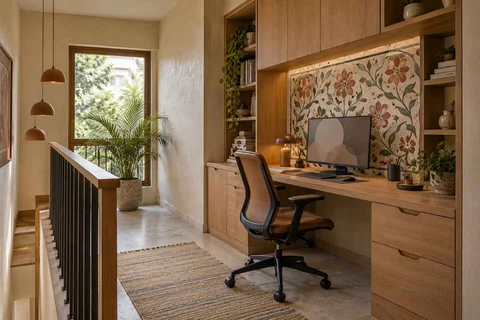 AI-generated home office concept: landing desk nook, inlay atelier direction