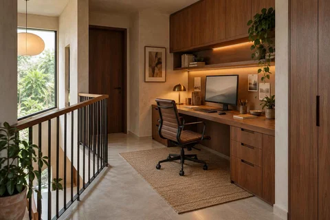 AI-generated home office concept: landing desk nook, lime and walnut direction
