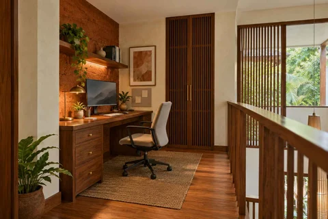 AI-generated home office concept: landing desk nook, malabar timber direction