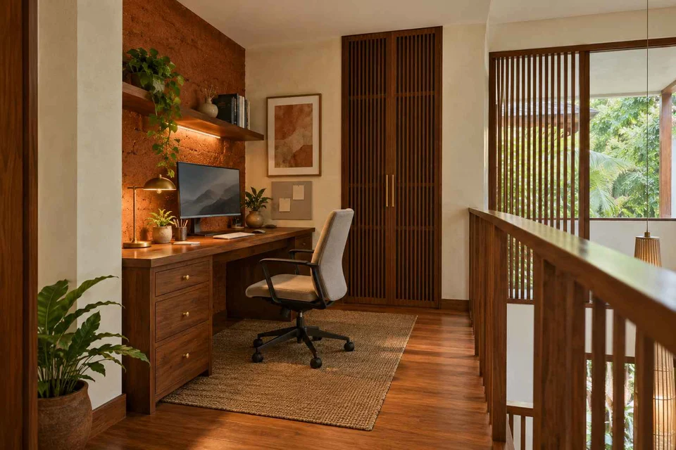 AI-generated home office concept: landing desk nook, malabar timber direction