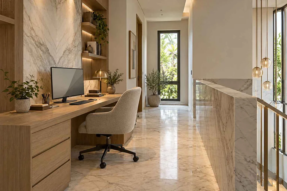 AI-generated home office concept: landing desk nook, marble restraint direction