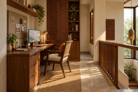 AI-generated home office concept: landing desk nook, modern carved direction