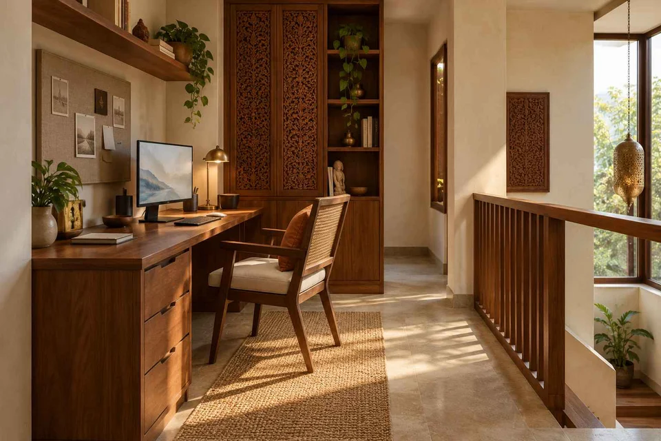 AI-generated home office concept: landing desk nook, modern carved direction