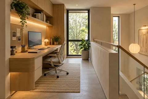 AI-generated home office concept: landing desk nook, quiet contemporary direction
