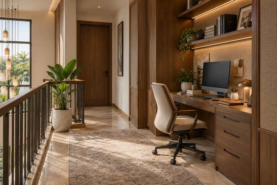 AI-generated home office concept: landing desk nook, quiet transitional direction