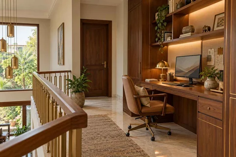 AI-generated home office concept: landing desk nook, rosewood brass direction