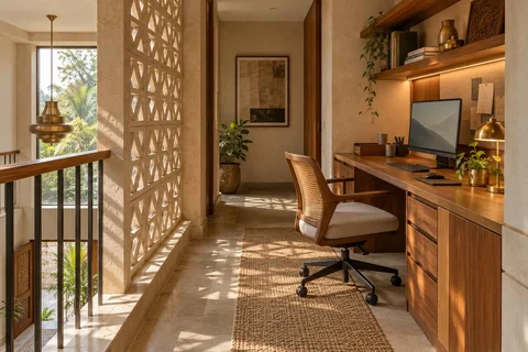 AI-generated home office concept: landing desk nook, sandstone lattice direction