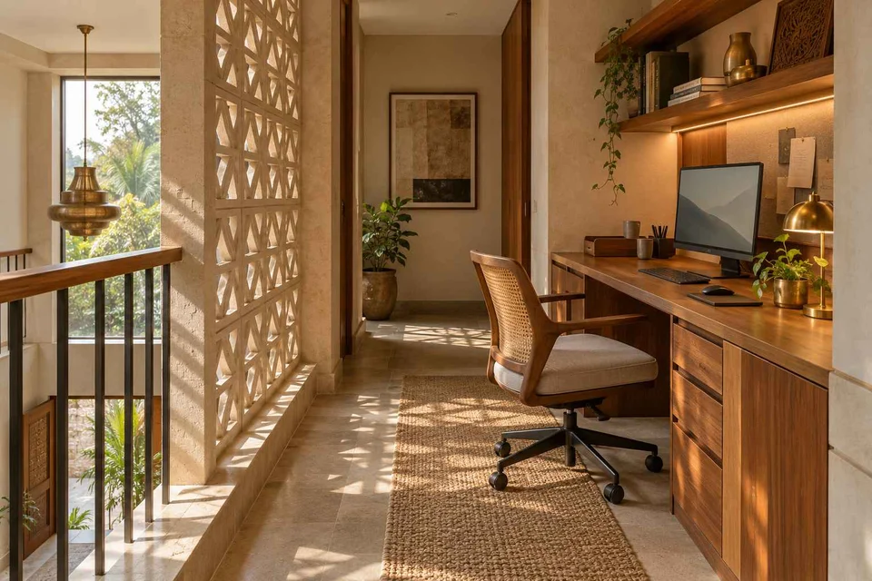 AI-generated home office concept: landing desk nook, sandstone lattice direction