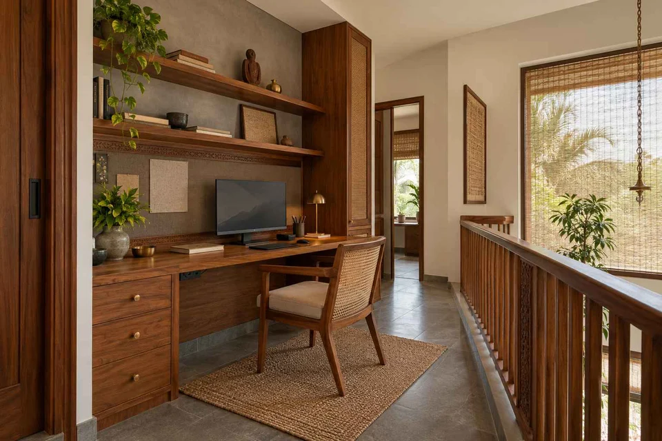 AI-generated home office concept: landing desk nook, teak craft direction