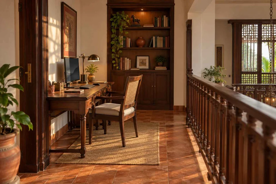 AI-generated home office concept: landing desk nook, terracotta heritage direction
