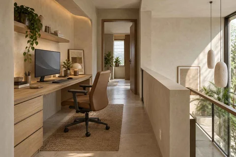 AI-generated home office concept: landing desk nook, textured mineral direction