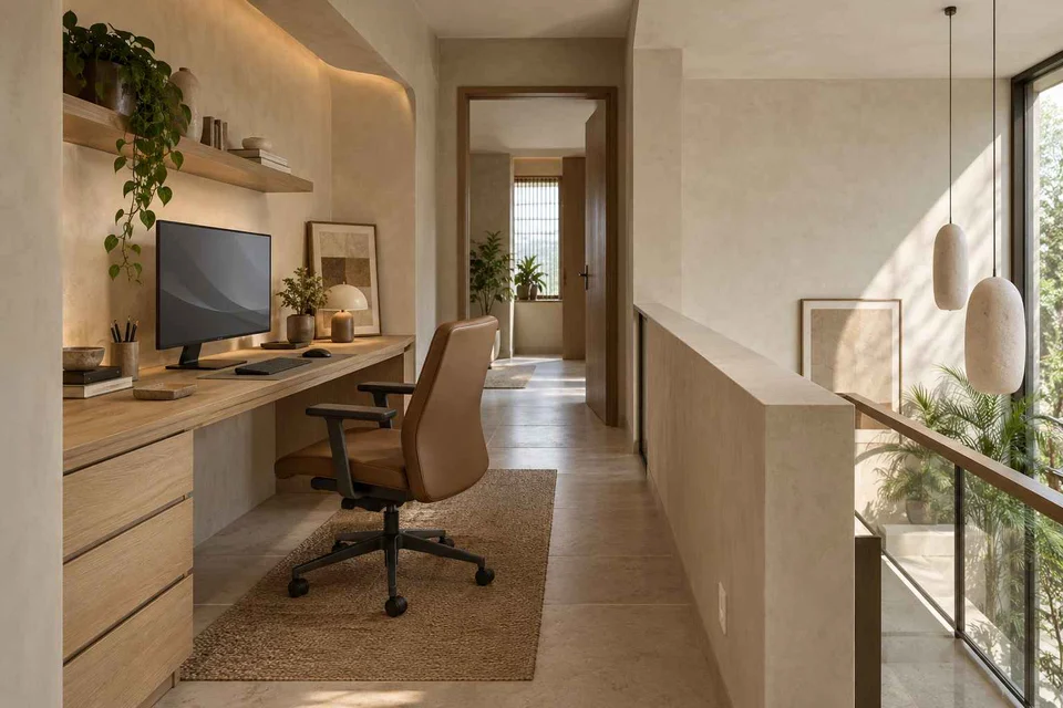 AI-generated home office concept: landing desk nook, textured mineral direction