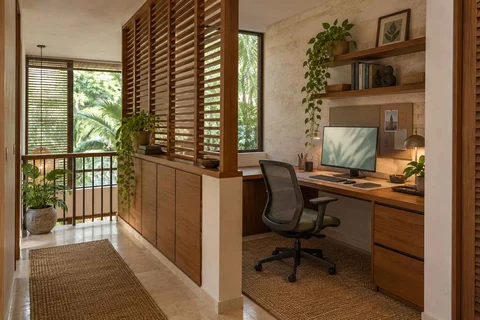AI-generated home office concept: landing desk nook, tropical slatted direction
