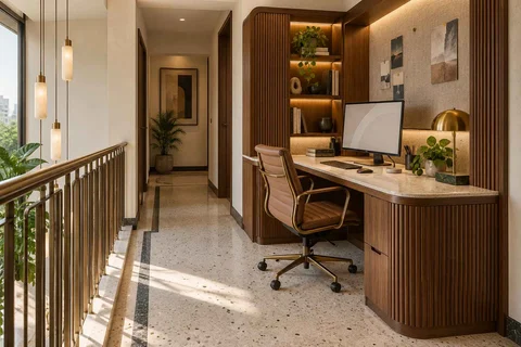 AI-generated home office concept: landing desk nook, urban deco direction